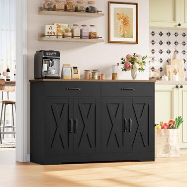 Тумба під ТВ HOCSOK 120 см, кухонна шафа з робочою поверхнею, буфет для зберігання з 2 висувними ящиками та 4 дверцятами, для вітальні, кухні, передпокою, чорний & коричневий