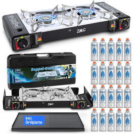 Газовий набір для кемпінгу ZMC: 2-горілкова плита, адаптер для LPG, 4 балончики 227г, кейс, 2.5kW, Piezo-запалювання, для відпочинку на природі та вдома