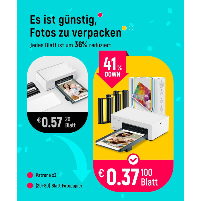 Портативний фотодрук для смартфонів Liene (10x15 см) + 2 пачки фотопаперу (20+80 листів), WiFi, сумісний з iPhone/Android/PC, 300 DPI, кольорова сублімація, білий