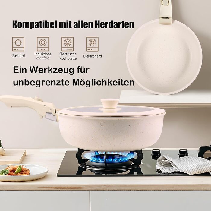 Набір кухонного посуду 11 предметів з антипригарним покриттям, знімні ручки, рожевий. Підходить для індукційних, газових плит, духовки та посудомийної машини. Без PFAS.
