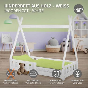 Дитяче ліжко-халапа Tipi 70x140 см біле з бортиками та ламелями, з сосни, індіанське ліжко для дівчаток та хлопчиків, будиночок-ліжко з огорожею, ліжко-халапа для дітей та підлітків, ігрове ліжко-намет