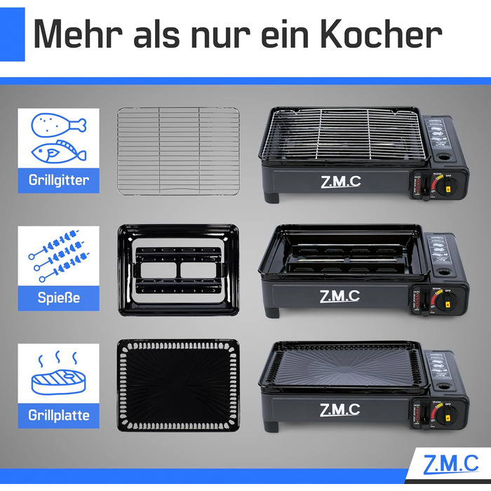 Z.M.C. 2-в-1 газовий набір для кемпінгу: плита та гриль з аксесуарами та кейсом. Газовий гриль та плита з пьезозапалюванням, 2.2kW, LPG-підключення
