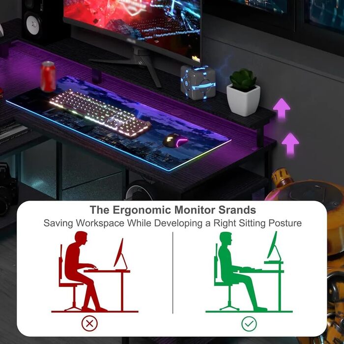 Ігровий кутовий стіл L-подібний з LED-підсвічуванням та розетками, 140x140 см, реверсивний комп'ютерний стіл з підставкою для монітора, 4 полиці та бокові кишені для дому та офісу (Чорний, 140x140x85 см)