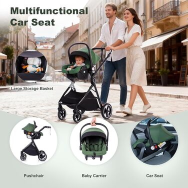Дитяча коляска 3-в-1 | Комбінована коляска з автокріслом | Візок з регульованою ручкою | Алюмінієвий каркас | Москітна сітка | для новонароджених 0-4 роки, Зелений