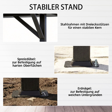 Газонний павільйон 3,8x3м, водовідштовхувальний, стабільний, зимостійкий. Ідеально підходить для саду. Оснащений подвійним дахом, шторами та москітною сіткою. Має гачки для підвішування. Колір: темно-сірий.
