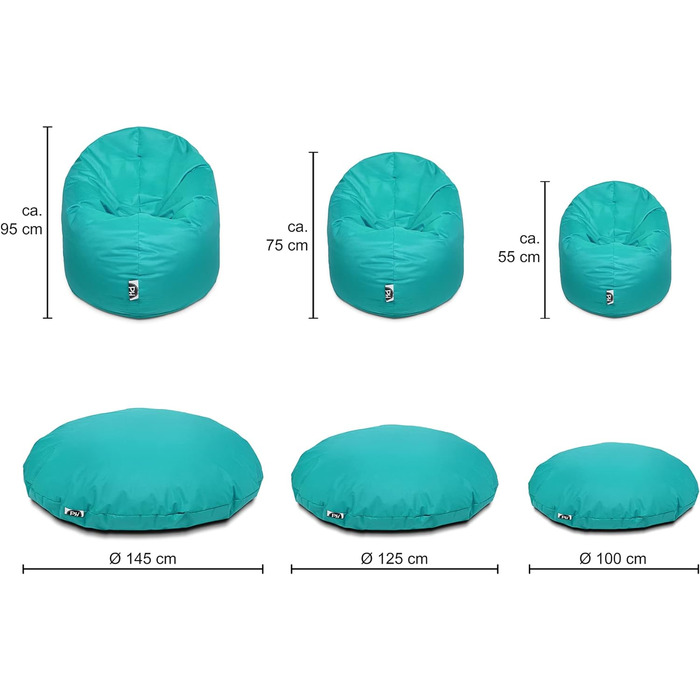 В 1 Функція крісла-мішок Подушка для сидіння Крісло-мішок - бірюзовий - діаметр 100 см у 25 кольорах і 3 різних кольорах Розміри - повністю заповнені, 2