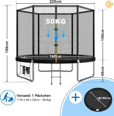 Батут Devoko вуличний Ø183/228/305/366/427 см, з сертифікатом GS, для дітей, садовий батут з сіткою, драбиною та захисним покриттям, чорний 228 см