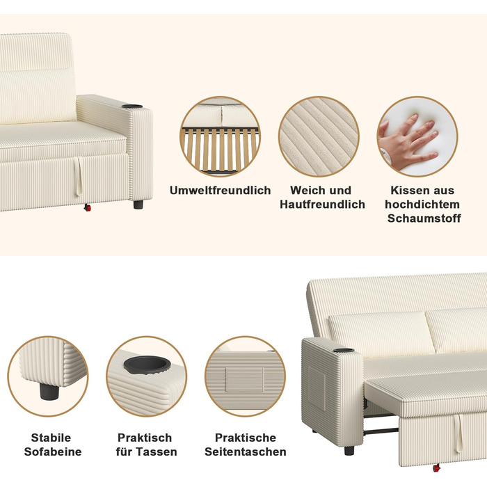 Диван-ліжко JUMMICO 2-місний бежевий з функцією розкладання, подушками та підсклянниками для вітальні/спальні 75x160x93 см