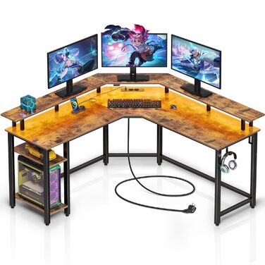 Кутовий стіл Rolanstar з RGB-підсвіткою та розетками, 135 см, для комп'ютера з підставкою для монітора та полицею, реверсивний, з 2 гачками, для спальні/офісу, вінтажний коричневий, 134,5 x 134,5 x 86,2 см