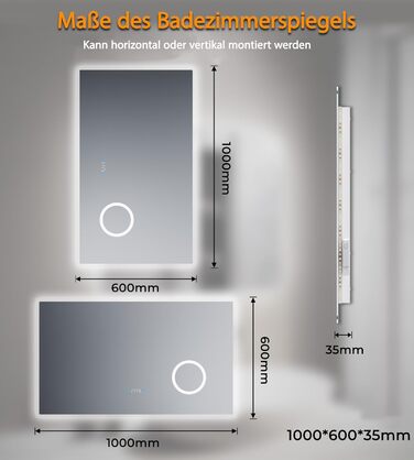 Дзеркало для ванної кімнати зі підсвічуванням SVNR, 70 x 50 см, LED, з 4 мм дзеркалом без вмісту міді, подвійне сенсорне керування, антизапарник, регулювання кольору світла (3000K-6400K), Smart-дзеркало з лупою 5x та розеткою для гоління