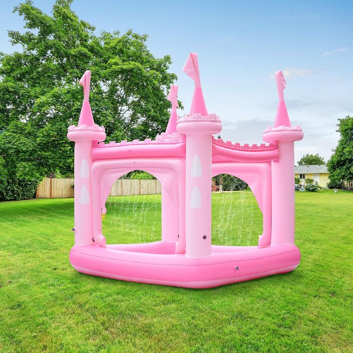Великий садовий надувний гігантський дитячий басейн Teamson Kids зі спринклером, рожевий, замок для хлопчиків і дівчаток на відкритому повітрі, 208 x 208 x 216 см, з аксесуарами