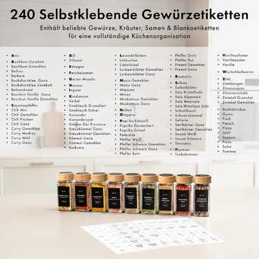 Набір бамбукових скляних баночок для спецій (24 x 120 мл) з ситечком та 240 етикетками. Організатор для спецій, контейнери для спецій, баночки для спецій. Розміри: 11x4,5 см