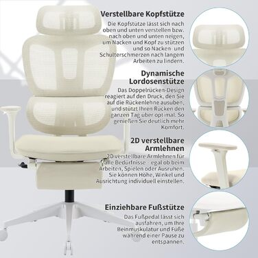 Ергономічне крісло для офісу з підніжкою, висока спинка, 2D-підголівник, відкидні підлокітники, сидіння з губки, сітчастий офісний крісло, крісло для начальника, комп'ютерне крісло для дорослих (кремовий)