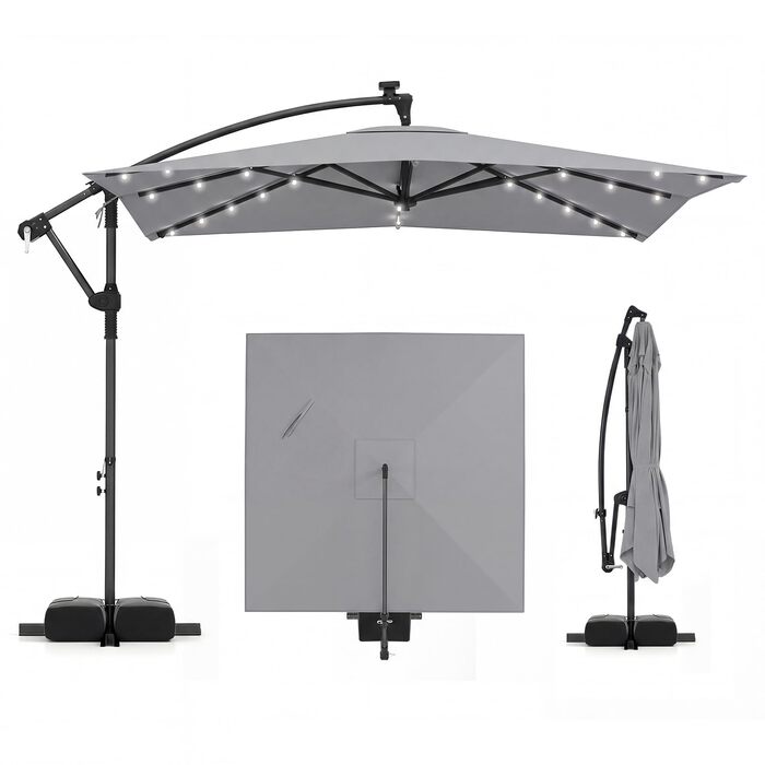 Садова парасоля від COSTWAY 250 см, квадратна з LED-підсвіткою, стійкою та ручним приводом, захист від UV, бежевий
