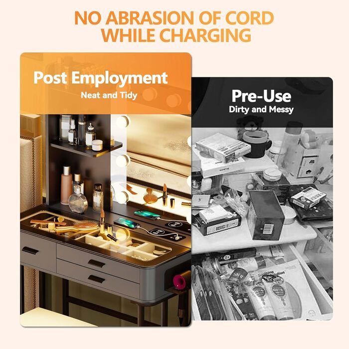 Трюмо Lvifur з дзеркалом у стилі Голлівуд, 10 регульованих лампочок, пуф, ящик, станція зарядки, USB-порт, чорний колір