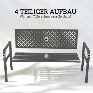 Лавочка для саду на 2 особи, металева, стійка до погодних умов. Міцна конструкція з антикорозійним покриттям та геометричним дизайном, витримує до 240 кг.