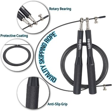 Скакалка BisLink, швидкісна скакалка з регульованою довжиною, нековзні ручки для фітнес-тренувань, спалювання жиру, схуднення, для дорослих чоловіків, жінок і дітей чорний