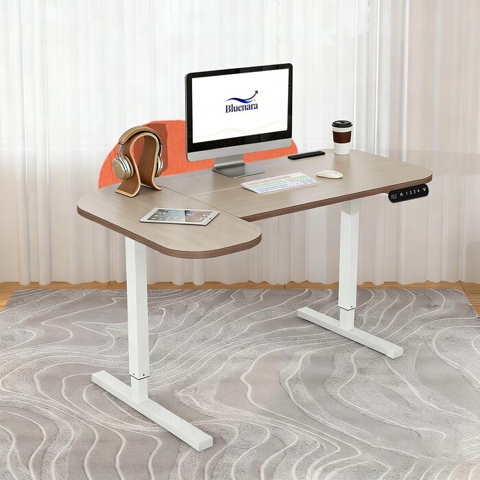 Електричний кутовий стіл з регулюванням висоти 150см, L-подібний, з 4-ма пам'ятями, з'єднувальною пластиною, для дому та офісу (150x68см, світло-коричневий-помаранчевий)