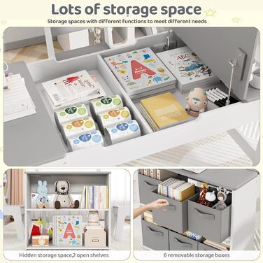 Дитячий стіл MAMIZO з 2 стільцями: дерев'яний стіл для ігор з місцем для зберігання, комплект меблів для дітей 3+ (сірий)