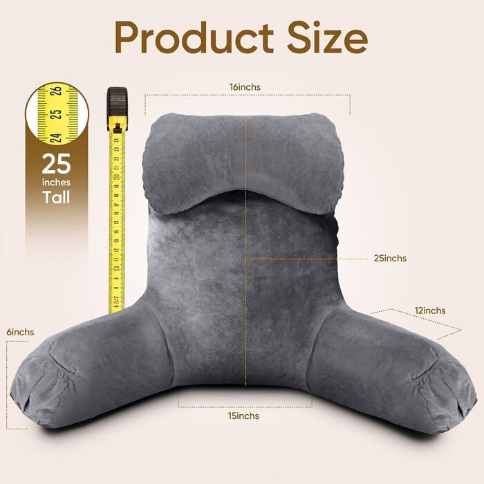 Подушка для сидіння в ліжку для дорослих, з меморі-піною, 63,5 см, зйомний валик для шиї, знімна та пральна наволочка, подушка для спини з подовженими підлокітниками