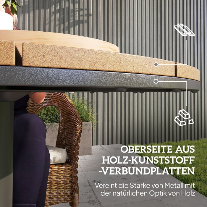 Outsunny Garden Table Ø70 см, Стійкий до погодних умов круглий балконний стіл з планкою, Сталевий обідній стіл на відкритому повітрі, Столик для кемпінгу Журнальний столик, Патіо Стіл для саду Патіо Балкон з натурального дерева