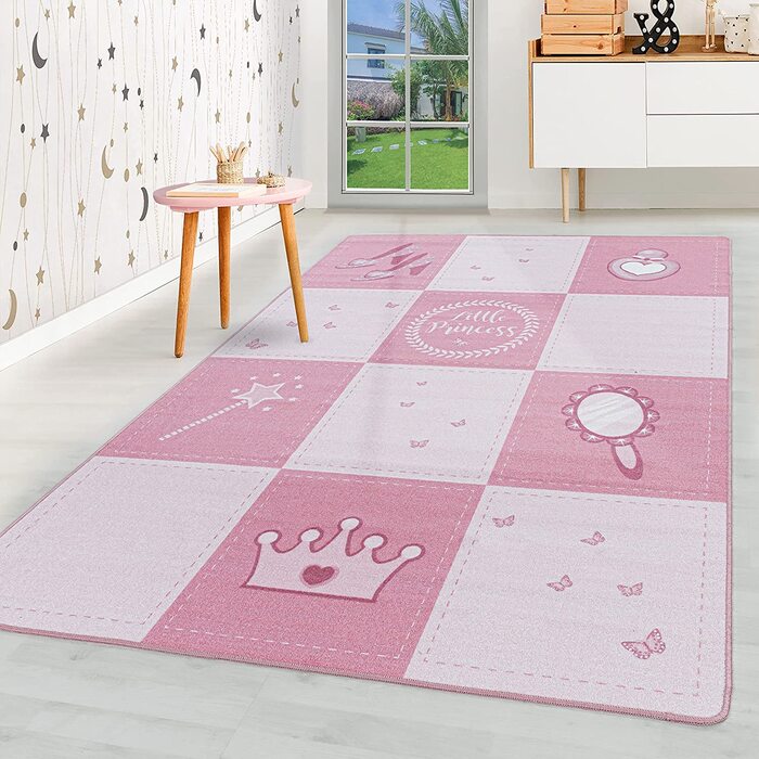 Дитячий килим HomebyHome з коротким ворсом, рожевий килим для дитячої кімнати, принцеса, корона, паличка, Колір рожевий, Розмір (100x150 см, рожевий)