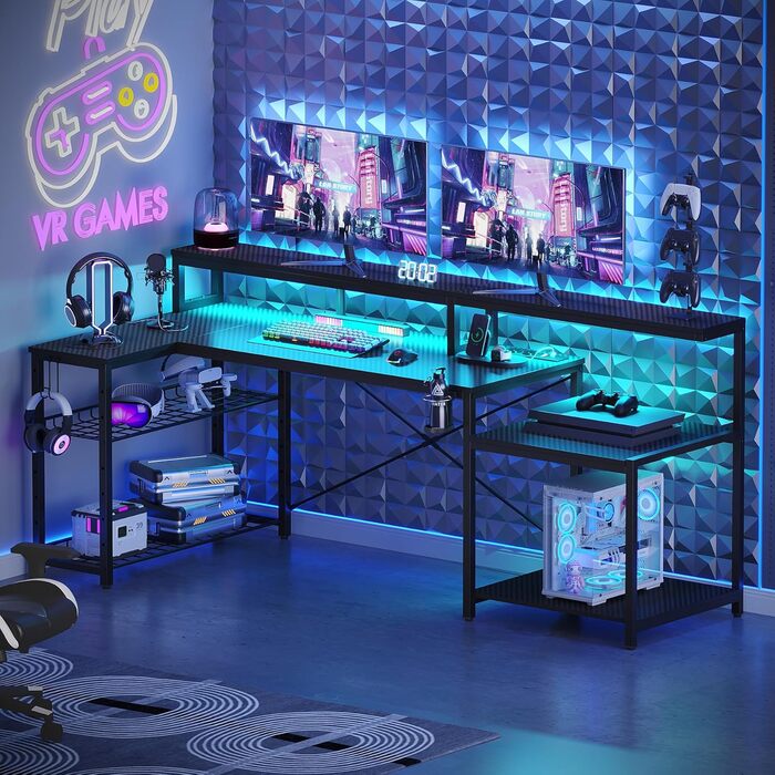 Ігровий стіл Bestier 181x80 см з LED-підсвіткою, 3 розетки AC та 2 USB, стіл для комп'ютера, чорний з карбоном