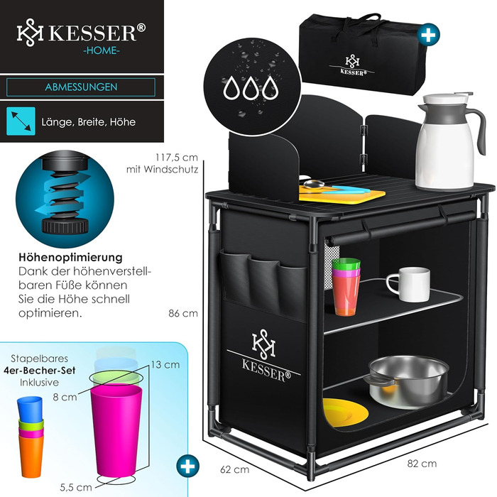 Кемпінгова кухня KESSER® | З сумкою та набором посуду | Складаний шафка для кемпінгу | Алюмінієвий каркас | Похідна кухня | Кухонна коробка | Шафка для намету | Чорний/Чорний (Тип F2, Чорний / Чорний)
