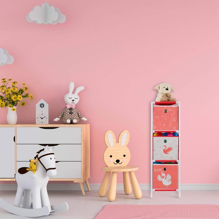 Дитяча полиця Relaxdays з 4 коробками, іграшка, дівчинка, дизайн лебедя, полиця дитяча кімната, HWD 62 x 53 x 30 см, білий/червоний
