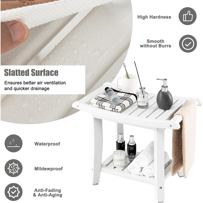 Двомісний стілець для душу HOMASIS з полицею, до 170 кг, HDPE, з ручками та антиковзними накладками, для літніх людей та дорослих (білий)