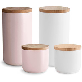 Керамічні банки для зберігання 2 штуки - Набір Mness aptieka з дерев'яною кришкою Sweet Scandi, кришкою з гумового дерева, коробками для зберігання, коробками для зберігання продуктів (набір з 4 шт рожевий/білий)
