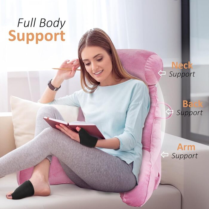 Подушка для читання MINGPINHUIUS XL для ліжка та дивана з знімною подушкою для шиї, ідеальна для дорослих, з піною з пам'яті для комфортного читання, роботи, ігор, перегляду телевізора та відпочинку (Рожевий)
