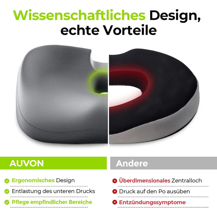 Ортопедична подушка для сидіння AUVON: ергономічна подушка для геморою з отвором та U-подібним дизайном, для офісного крісла, авто, інвалідного візка, від болю в попереку та вагітності (B-сірий)