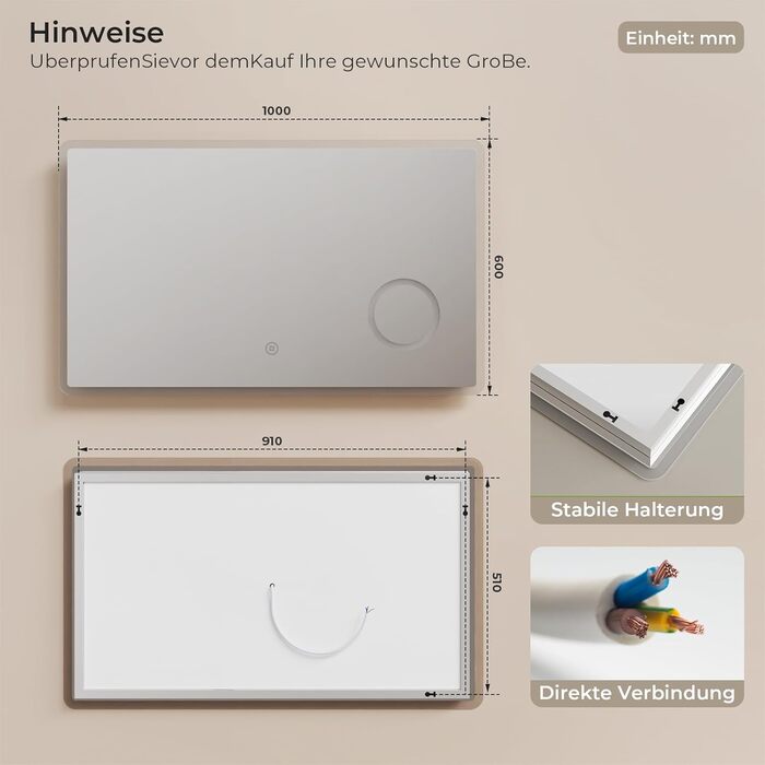 Дзеркало для ванної кімнати S'AFIELINA з підсвічуванням 60x120 см, 3x збільшення, сенсорне керування, IP44, 6500K