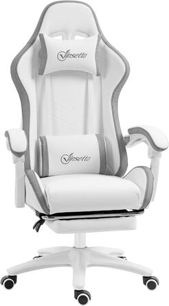 Крісло ігрове Vinsetto Ergonomic з регульованою підніжкою, спинкою 135°, підголівником та поперековою підтримкою, поворотне на 360°, PU шкіра, білий/сірий