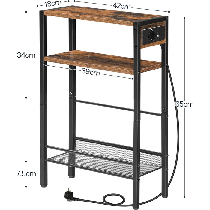 Журнальний столик HOOBRO з подовжувачем, 3 ступені, 1 розетка, 2 USB, тримач для магазинів, вінтажний коричневий