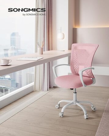 Ергономічне офісне крісло SONGMICS для комп'ютера, сітчасте стілець для робочого столу з функцією гойдання, регулюванням висоти, пастельно-рожеве, до 120 кг, OBN022GD01