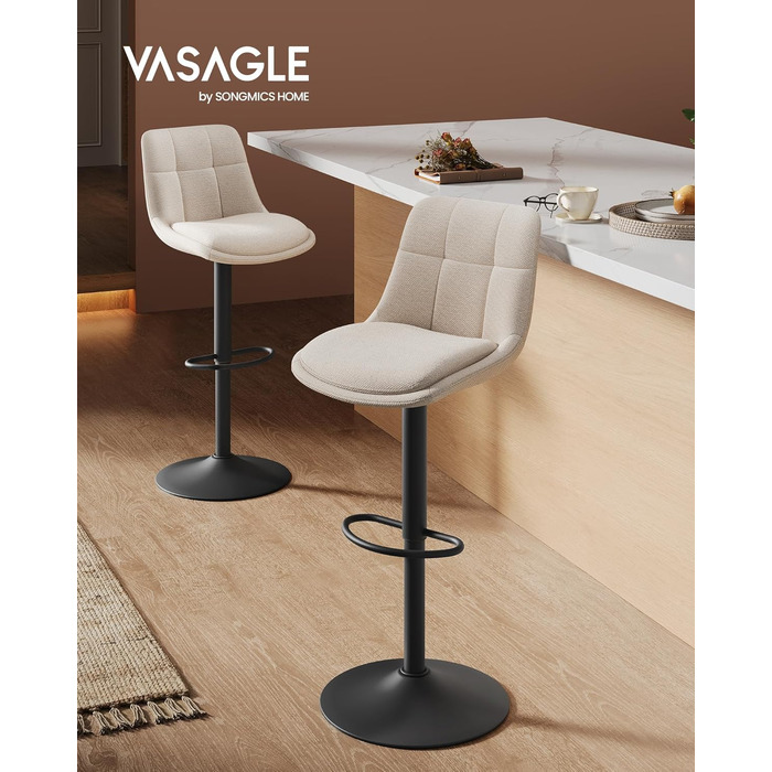 Барні стільці VASAGLE 2 шт., регульовані по висоті, обертаються, зі спинкою та підніжкою, для кухні, їдальні, бару, сталеві, LJB195G02 (кремово-білий, фланель)