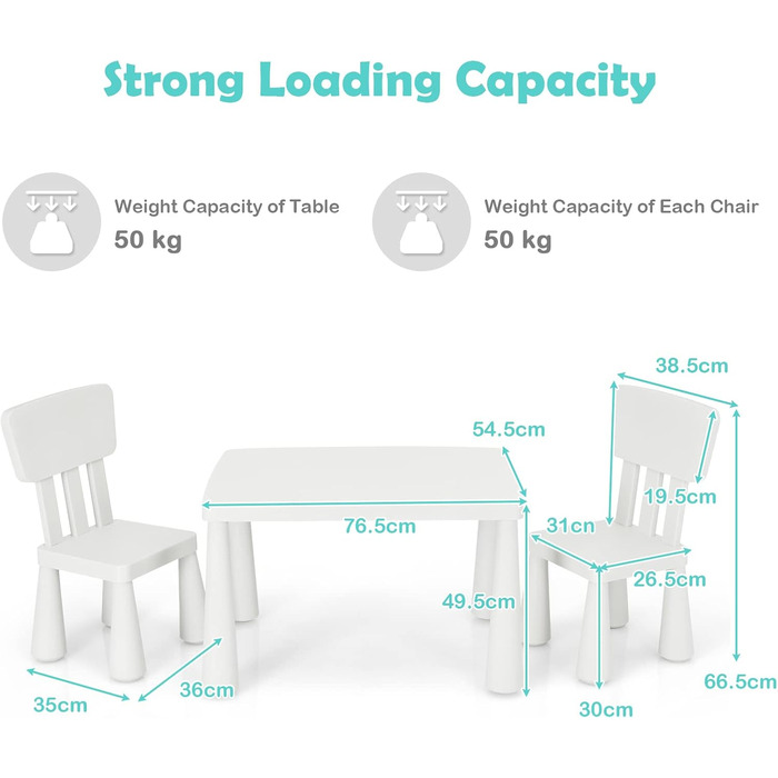 Дитячий стіл LIFEZEAL з 2 стільцями: комплект меблів для дітей з пластику з підлокітниками та закругленими краями (білий)