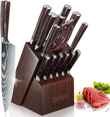 Набір кухонних ножів Dfito 15 предметів з підставкою: професійний набір ножів для кухні, кухонні ножі, кухонний набір, професійний кухарський набір, швейцарський ніж, точилка для ножів, коричневий