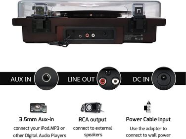 Вініловий програвач із Bluetooth, динаміками, FM-радіо, USB/SD, 33/45/78 об/хв, RCA/AUX, горіх