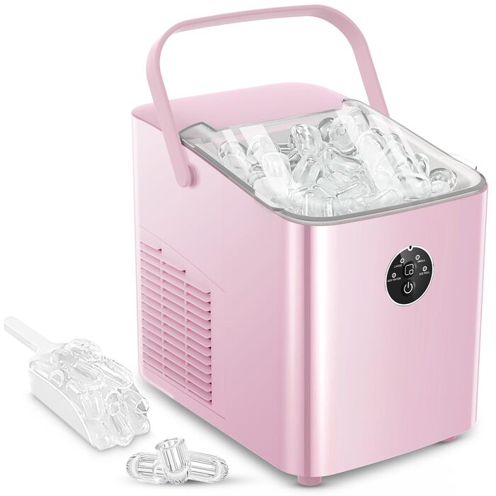 Льодогенератор Fohere 14 кг/24 год, рожевий: швидке виробництво льоду (5 хв), 2 розміри кулеподібного льоду, самоочищення, з ручкою та лопаткою для льоду