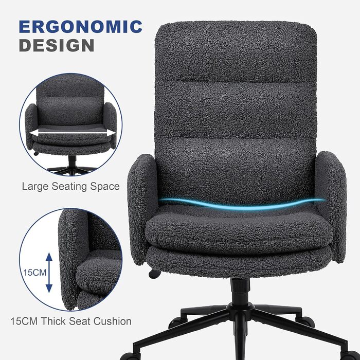 Крісло для роботи Youhauchair з кашеміру, ергономічне офісне крісло з високою спинкою, зручне крісло для туалету, обертове крісло для столу з регульованою висотою, кашемір, висока спинка (темно-сірий)