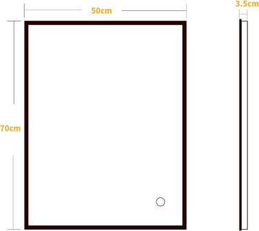 Дзеркало для ванної кімнати Puchika з підсвічуванням, LED-дзеркало 50x70 см, регульоване, тепле/холодне/нейтральне світло 3000-6400K, IP44, A+, сенсорне керування, 3 кольори світла