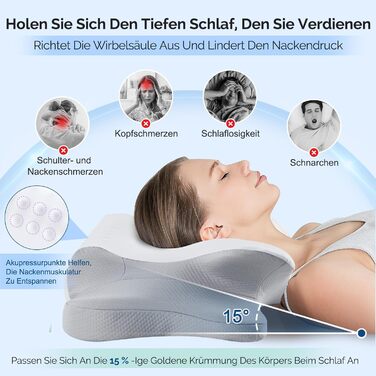 Подушка для шиї, подушка для голови з Memory Foam, ергономічна подушка для сну на боці, спині та животі, сіро-білий колір, 64 x 39 x 13 см