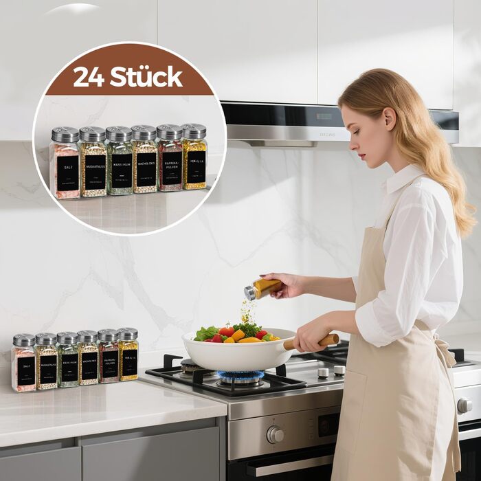 Набір банок для спецій ComSaf (24×120 мл) з мітками, дозатори, з нержавіючої сталі, органайзер