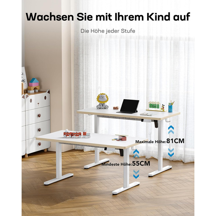Електричний дитячий стіл HUANUO, 120 x 60 см, регулювання висоти, 3 рівня, білий
