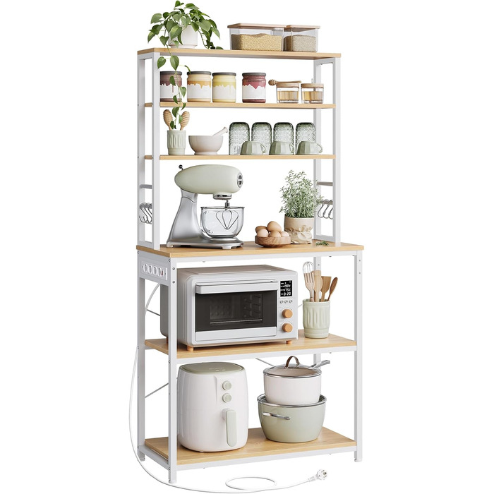 Полична шафа VASAGLE для кухні з розетками, мікрохвильова шафа, 6 полиць, 6 гачків, сталевий каркас, 40 x 80 x 167 см, вінтажний колір, KKS119K06