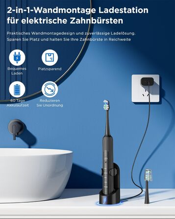 Електрична зубна щітка звукового типу для дорослих та дітей, 5 режимів чищення, 3 інтенсивності, таймер, 8 насадок, чорна, 1 шт.