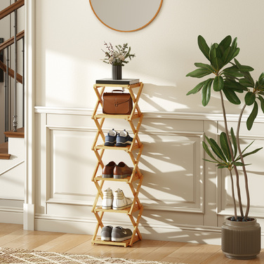 Стійка для взуття, розкладна, з 6 полицями з бамбука, вміщує до 9 пар взуття, розмір 30 x 29 x 108 см, колір: натуральний